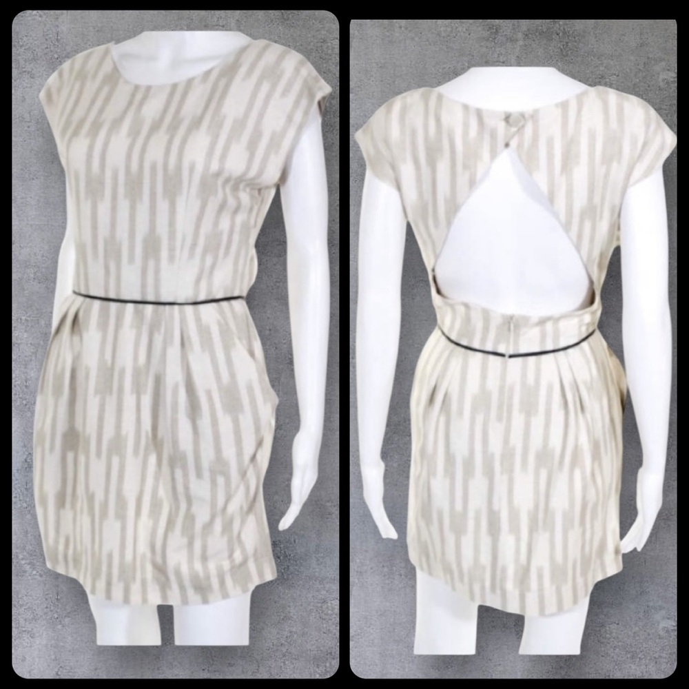 Morgan Carper beige Cream printed Mini Dress SZ 6 Open Back Pockets Raw silk NWT
